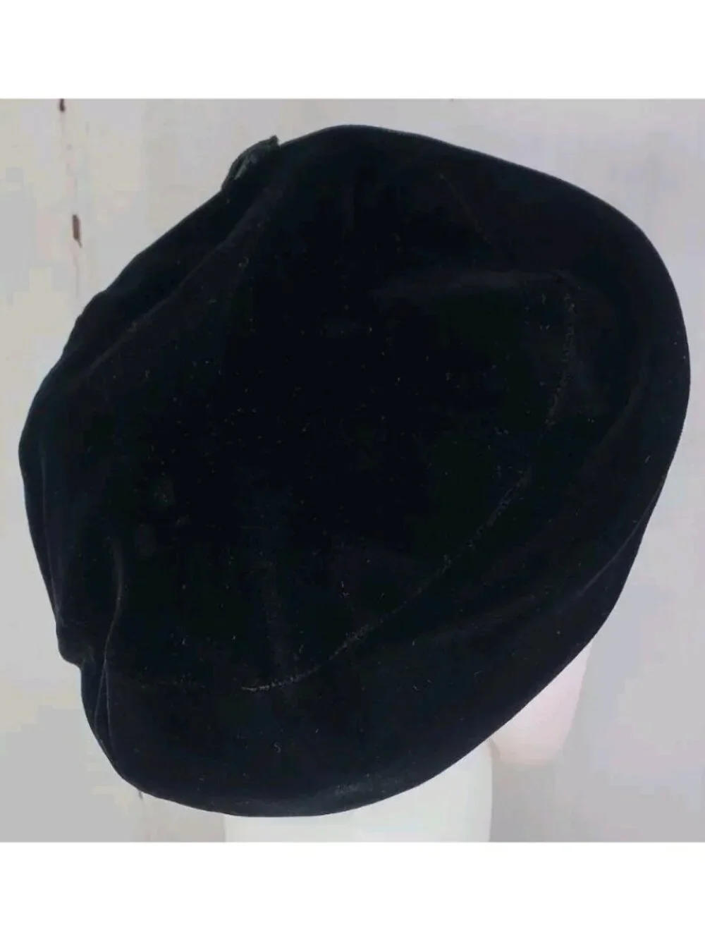 Vtg Union Black Velvet Slouch Beret Cap Hat Ribbon United Hatters Millinery MED